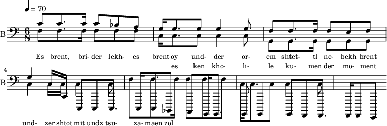 <<
%{
\new Staff
\with {instrumentName = "S A"
shortInstrumentName = "S A"}
<<
\set Staff.midiMinimumVolume = #0.3
\set Staff.midiMaximumVolume = #0.7
\set Score.currentBarNumber = #1 \bar "" \tempo 4=70 \time 4/4 \key bes \major
\new Voice = "s1" \relative c '' {
\voiceOne
bes2 a bes a bes4 a c a bes2 a
}
\new Voice = "s2" \relative c '{
\voiceTwo
ees2 d ees d ees4 d f d ees2 d
}
>>
\new Lyrics \lyricsto "s1" {\set fontSize = #-2
s' brent s' brent und- zer shte- tl bre -nt de
}
%}
%{
\new Staff
\with {instrumentName = "A"
shortInstrumentName = "A"}
<<
\set Staff.midiMinimumVolume = #0.3
\set Staff.midiMaximumVolume = #0.5
\set Score.currentBarNumber = #1 \bar "" \tempo 4=70 \time 4/4 \key bes \major
\new Voice = "a1" \fixed c ' {
\voiceOne
g1 g g g
}
\new Voice = "a2" \fixed c ' {
\voiceTwo
d1 d d d
}
>>
\new Lyrics \lyricsto "a1" {\set fontSize = #-2
}
\repeat volta 2
%}
%{
\new Staff
\with {instrumentName = "T"
shortInstrumentName = "T"}
<<
\set Staff.midiMinimumVolume = #0.3
\set Staff.midiMaximumVolume = #0.5
\set Score.currentBarNumber = #1 \bar "" \tempo 4=70 \time 4/4 \key bes \major
\new Voice = "t1" \fixed c ' {
\voiceOne
g1 g g g
}
\new Voice = "t2" \fixed c ' {
\voiceTwo
d1 d d d
}
>>
\new Lyrics \lyricsto "t1" {\set fontSize = #-2
}
\repeat volta 2
%}
\new Staff \with {midiInstrument = #"acoustic bass"
instrumentName = "B"
shortInstrumentName = "B"} <<
\set Staff.midiMinimumVolume = #14.7
\set Staff.midiMaximumVolume = #15.9
\set Score.currentBarNumber = #1 \bar "" \tempo 4=70 \time 6/8 \key c \major
\clef bass
\new Voice = "b1" \relative c' {
\voiceOne
c8 c8. c16 c8 bes a g16 g8. g8 g4 g8 f8 f8. f16 f8 e f g4 c,16 c, c,8 c8 c8. c16 c8 bes a g16 g8. g8 g4 g8 f8 f8. f16 f8 e
}
{
\new Voice = "b2" \relative c {
\voiceOne
\stemDown
f8 f8. f16 f8 f f c16 c8. c8 c4 c8 g8 g8. g16 g8 g g c4 c16 c c4 c8 f8 f8. f16 f8 f f c16 c8. c8 c4 c8
}
}
>>
\new Lyrics \lyricsto "b1" {\set fontSize = #-2
Es brent, bri- der lekh- es brent oy und- der or- em shtet- tl ne- bekh brent
}
\new Lyrics \lyricsto "b1" {\set fontSize = #-2
_ _ _ _ _ _ _ es ken kho- li- le ku- men der mo- ment und- zer shtot mit undz tsu- za- maen zol
}
>>
\midi{}