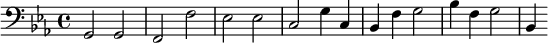 {\clef bass \key ees \major g,2 g, f, f ees ees c g4 c bes, f g2 bes4 f g2 bes,4}
