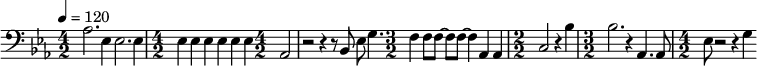 {\clef bass \tempo 4 = 120 \key ees \major \numericTimeSignature
\time 4/2 aes2. ees4 ees2. ees4 \time 4/2 ees4 ees ees ees ees ees \time 4/2 aes,2 r2 r4 r8 bes,8 ees8 g4.
\time 3/2 f4 f8 f~ f f~ f4 aes, aes, \time 2/2 c2 r4 bes \time 3/2 bes2. r4 aes,4. aes,8 \time 4/2 ees r2 r4 g
}\midi{}