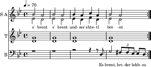 <<
\new Staff
\with {instrumentName = "S A"
shortInstrumentName = "S A"}
<<
\set Staff.midiMinimumVolume = #0.3
\set Staff.midiMaximumVolume = #0.7
\set Score.currentBarNumber = #1 \bar "" \tempo 4=70 \time 4/4 \key bes \major
\new Voice = "s1" \relative c '' {
\voiceOne
bes2 a bes a bes4 a c a bes2 a
}
\new Voice = "s2" \relative c '{
\voiceTwo
ees2 d ees d ees4 d f d ees2 d
}
>>
\new Lyrics \lyricsto "s1" {\set fontSize = #-2
s' brent s' brent und- zer shte- tl bre -nt de
}
%{
\new Staff
\with {instrumentName = "A"
shortInstrumentName = "A"}
<<
\set Staff.midiMinimumVolume = #0.3
\set Staff.midiMaximumVolume = #0.5
\set Score.currentBarNumber = #1 \bar "" \tempo 4=70 \time 4/4 \key bes \major
\new Voice = "a1" \fixed c ' {
\voiceOne
g1 g g g
}
\new Voice = "a2" \fixed c ' {
\voiceTwo
d1 d d d
}
>>
\new Lyrics \lyricsto "a1" {\set fontSize = #-2
}
\repeat volta 2
%}
\new Staff
\with {instrumentName = "T"
shortInstrumentName = "T"}
<<
\set Staff.midiMinimumVolume = #0.3
\set Staff.midiMaximumVolume = #0.5
\set Score.currentBarNumber = #1 \bar "" \tempo 4=70 \time 4/4 \key bes \major
\new Voice = "t1" \fixed c ' {
\voiceOne
g1 g g g
}
\new Voice = "t2" \fixed c ' {
\voiceTwo
d1 d d d
}
>>
\new Lyrics \lyricsto "t1" {\set fontSize = #-2
}
\repeat volta 2
\new Staff \with {midiInstrument = #"acoustic bass"
instrumentName = "B"
shortInstrumentName = "B"} <<
\set Staff.midiMinimumVolume = #14.7
\set Staff.midiMaximumVolume = #15.9
\set Score.currentBarNumber = #1 \bar "" \tempo 4=70 \time 4/4 \key bes \major
\clef bass
\new Voice = "b1" \relative {
\voiceOne
r1 r r2 r4 r8 d g2 \tuplet 3/2 {fis8 fis ees~} ees d
}
%{
\new Voice = "b2" \relative c, {
\voiceOne
r1 r r2 r4 r8 d g2 a bes c d
}
%}
>>
\new Lyrics \lyricsto "b1" {\set fontSize = #-2
Es brent, bri- der lekh- es brent oy und- der or- em shtet- tl ne- bekh brent
}
\new Lyrics \lyricsto "b1" {\set fontSize = #-2
_ _ _ _ _ _ _ es ken kho- li- le ku- men der mo- ment und- zer shtot mit undz tsu- za- maen zol
}
>>
\midi{}