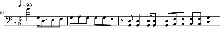 {\clef bass \tempo 4=90\key f \major \time 6/8 
\set Score.currentBarNumber = #55 \bar ""
a' g16 d8. e8 f g a g g g f r8 <d g,> <d g,>4 <d g,>16 <d g,>8. <d g,>8 <f a,>8 <f a,>8 <f a,>8 <f a,>8 <g c>4 \break}\midi{}