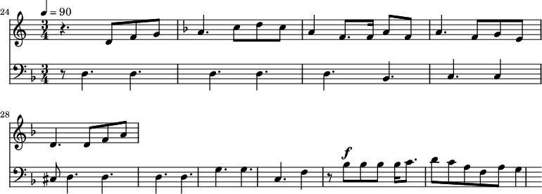 {
<<
\relative c ' {
\new Staff {
\set Staff.midiMinimumVolume = #1.1
\set Staff.midiMaximumVolume = #1.3
\set Score.currentBarNumber = #24 \bar "" \tempo 4=90 \key c \major \time 3/4
r4. d8 f8 g8 \key f \major a4. c8 d c a4 f8. f16 a8 f8 a4. f8 g e d4. d8 f a
}
}
\new Staff \with {midiInstrument = #"acoustic bass"}
{
\set Staff.midiMinimumVolume = #2.7
\set Staff.midiMaximumVolume = #3.9
\set Score.currentBarNumber = #24 \bar ""
\clef bass \key f \major \time 3/4
r d4. d d d d bes, c c4 cis8 d4. d d d g g c f4 r8 bes8^\f bes bes bes16 c'8. d'8 c' a f a g4
}
>>
}
\midi{}