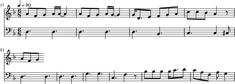 {
<<
\relative c '' {
\new Staff {
\set Staff.midiMinimumVolume = #0.1
\set Staff.midiMaximumVolume = #0.3
\set Score.currentBarNumber = #17 \bar "" \tempo 4=90 \key f \major \time 6/8
a8 f g a16 a~ a4 a8 f g a16 g~ g4 g16 d8. e8 f g a c c bes a4 r8 a f g
}
}
\new Staff \with {midiInstrument = #"acoustic bass"}
{
\set Staff.midiMinimumVolume = #0.7
\set Staff.midiMaximumVolume = #0.9
\clef bass \key f \major \time 6/8
d4. d d d d bes, c c4 cis8 d4. d d d g g c f4 r8 bes8 bes bes bes16 c'8. d'8 c' a f a g4
}
>>
}
\midi{}