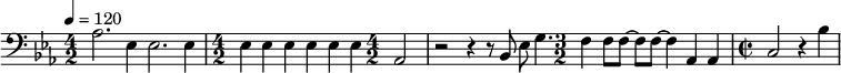 {\clef bass \tempo 4 = 120 \key ees \major 
\time 4/2 aes2. ees4 ees2. ees4 \time 4/2 ees4 ees ees ees ees ees \time 4/2 aes,2 r2 r4 r8 bes,8 ees8 g4.
\time 3/2 f4 f8 f~ f f~ f4 aes, aes, \time 2/2 c2 r4 bes
}\midi{}