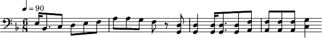 {\clef bass \tempo 4=90\key f \major \time 6/8
e16 bes,8. c8 d e f a a g f r8 <d g,> <d g,>4 <d g,>16 <d g,>8. <d g,>8 <f a,>8 <f a,>8 <f a,>8 <f a,>8 <g c>4 \break}\midi{}