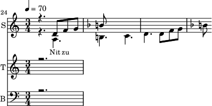 
<<
  \new Staff     
    \with {instrumentName = "S"
           shortInstrumentName = "S"}
    <<
    \set Staff.midiMinimumVolume = #0.3
    \set Staff.midiMaximumVolume = #0.7
    \set Score.currentBarNumber = #24 \bar "" \tempo 4=70 \time 3/4
    \new Voice = "one" \relative c '{  
      \voiceOne
        \key c \major
        r4. d8 f8 g8 
        \key f \major b
    }
    \new Voice = "two" \relative c '{  
      \voiceTwo
        \key c \major
        r4. a b c d d8 f8 g8 
        \key f \major b
    }
    >>
    \new Lyrics \lyricsto "one" {\set fontSize = #-2
      Nit zu
    }
  \new Staff  
    \with {instrumentName = "T"
           shortInstrumentName = "T"}
    <<
    \set Staff.midiMinimumVolume = #0.3
    \set Staff.midiMaximumVolume = #0.5
    \set Score.currentBarNumber = #24 \bar ""
    \key c \major \time 3/4
    \new Voice = "three" \fixed c '' {
      \voiceOne
      r2. 
    }
    >>
    \new Lyrics \lyricsto "three" {\set fontSize = #-2
    
    }

  \new Staff \with {midiInstrument = #"acoustic bass"
       instrumentName = "B"
       shortInstrumentName = "B"} <<
    \set Staff.midiMinimumVolume = #4.7
    \set Staff.midiMaximumVolume = #5.9
    \set Score.currentBarNumber = #24 \bar ""
    \clef bass \key c \major \time 3/4
    \new Voice = "four"{
      \voiceOne 
      r2. 
    }
    >>
    \new Lyrics \lyricsto "four" {\set fontSize = #-2
    oo 
    }
>>
\midi{}