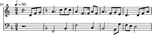
{
  <<
    \relative c ' {
      \new Staff {
        \set Staff.midiMinimumVolume = #0.3
        \set Staff.midiMaximumVolume = #0.7
        \set Score.currentBarNumber = #24 \bar "" \tempo 4=90  \key c \major \time 3/4
        r4. d8 f8 g8 \key f \major a4. c8 d c a4 f8. f16 a8 f8 a4. f8 g e d4. d8 f a
      }

    }
    \new Staff  \with {midiInstrument = #"acoustic bass"} 
    {
      \set Staff.midiMinimumVolume = #4.7
      \set Staff.midiMaximumVolume = #5.9
      \set Score.currentBarNumber = #24 \bar ""
      \clef bass \key f \major \time 3/4
      r2. \key f \major f,2 bes,4 f2 c4 bes,2 a,8 g f e d2
    }
  >>
}
\midi{}