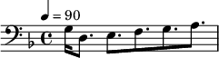 {\clef bass \tempo 4=90\key f \major
g16 d8. e f g a
}\midi{}