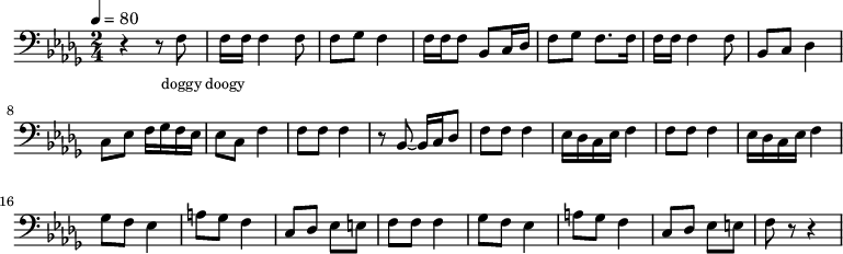 {
\clef bass \tempo 4=80 \key des \major \time 2/4
\set Score.currentBarNumber = #1 \bar ""
r4 r8 f8 f16 f16 f4 f8 f ges f4 f16 f f8 bes, c16 des f8 ges f8. f16
f16 f16 f4 f8 bes, c des4 c8 ees f16 ges f ees ees8 c f4
f8 f f4 r8 bes,~ bes,16 c des8 f f f4 ees16 des c ees f4
f8 f f4 ees16 des c ees f4
ges8 f ees4 a8 ges f4 c8 des ees e f f f4
ges8 f ees4 a8 ges f4 c8 des ees e f r r4
}
\addlyrics {\set fontSize = #-2
doggy doogy
} \midi{}