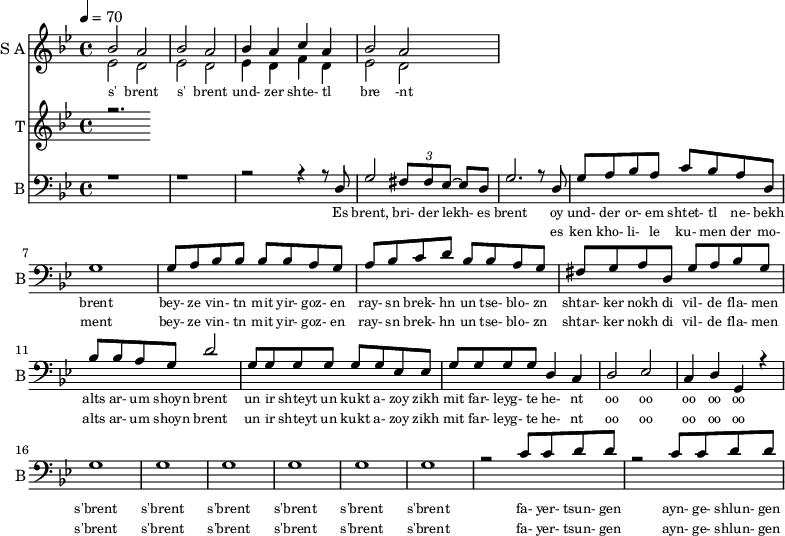 
<<
  \new Staff     
    \with {instrumentName = "S A"
           shortInstrumentName = "S A"}
    <<
    \set Staff.midiMinimumVolume = #0.3
    \set Staff.midiMaximumVolume = #0.7
    \set Score.currentBarNumber = #1 \bar "" \tempo 4=70 \time 4/4 \key bes \major

    \new Voice = "one" \relative c '' {  
      \voiceOne
        bes2 a bes a bes4 a c a bes2 a
    }
    \new Voice = "two" \relative c '{  
      \voiceTwo
        ees2 d ees d ees4 d f d ees2 d  
    }
    >>
    \new Lyrics \lyricsto "one" {\set fontSize = #-2
      s' brent s' brent und- zer shte- tl bre -nt
    }
  \new Staff  
    \with {instrumentName = "T"
           shortInstrumentName = "T"}
    <<
    \set Staff.midiMinimumVolume = #0.3
    \set Staff.midiMaximumVolume = #0.5      
    \set Score.currentBarNumber = #1 \bar "" \tempo 4=70 \time 4/4 \key bes \major
    \new Voice = "three" \fixed c '' {
      \voiceOne
      r2. 
    }
    >>
    \new Lyrics \lyricsto "three" {\set fontSize = #-2
    
    }

  \new Staff \with {midiInstrument = #"acoustic bass"
       instrumentName = "B"
       shortInstrumentName = "B"} <<
    \set Staff.midiMinimumVolume = #14.7
    \set Staff.midiMaximumVolume = #15.9
    \set Score.currentBarNumber = #1 \bar "" \tempo 4=70 \time 4/4 \key bes \major
    \clef bass 
    \new Voice = "four"{
      \voiceOne 
      r1 r r2 r4 r8 d g2 \tuplet 3/2 {fis8 fis ees~} ees d g2. r8 d g a bes a c' bes a d g1 g8 a bes bes bes bes a g a bes c' d' bes bes a g fis g a d g a bes g bes bes a g d'2 g8 g g g g g ees ees g g g g d4 c d2 ees c4 d g, r4 g1 g g g g g r2 c'8 c' d' d' r2 c'8 c' d' d'
    }
    >>
    \new Lyrics \lyricsto "four" {\set fontSize = #-2
    Es brent, bri- der lekh- es brent oy und- der or- em shtet- tl ne- bekh brent bey- ze vin- tn mit yir- goz- en ray- sn brek- hn un tse- blo- zn shtar- ker nokh di vil- de fla- men alts ar- um shoyn brent un ir shteyt un kukt a- zoy zikh mit far- leyg- te he- nt oo oo oo oo oo s'brent s'brent s'brent s'brent s'brent s'brent fa- yer- tsun- gen ayn- ge- shlun- gen
    }
    \new Lyrics \lyricsto "four" {\set fontSize = #-2
    _ _ _ _ _ _ _  es ken kho- li- le ku- men der mo- ment bey- ze vin- tn mit yir- goz- en ray- sn brek- hn un tse- blo- zn shtar- ker nokh di vil- de fla- men alts ar- um shoyn brent un ir shteyt un kukt a- zoy zikh mit far- leyg- te he- nt oo oo oo oo oo s'brent s'brent s'brent s'brent s'brent s'brent fa- yer- tsun- gen ayn- ge- shlun- gen
    }
>>
\midi{}