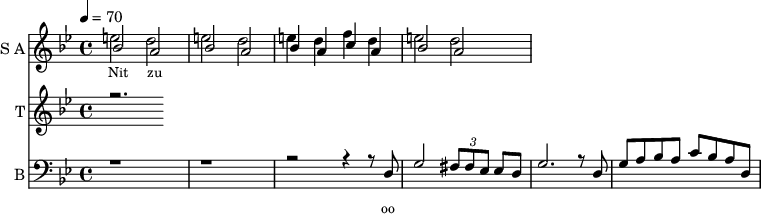 
<<
  \new Staff     
    \with {instrumentName = "S A"
           shortInstrumentName = "S A"}
    <<
    \set Staff.midiMinimumVolume = #0.3
    \set Staff.midiMaximumVolume = #0.7
    \set Score.currentBarNumber = #1 \bar "" \tempo 4=70 \time 4/4 \key bes \major

    \new Voice = "one" \relative c '' {  
      \voiceOne
        bes2 a bes a bes4 a c a bes2 a
    }
    \new Voice = "two" \relative c ''{  
      \voiceTwo
        e2 d e d e4 d f d e2 d  
    }
    >>
    \new Lyrics \lyricsto "one" {\set fontSize = #-2
      Nit zu
    }
  \new Staff  
    \with {instrumentName = "T"
           shortInstrumentName = "T"}
    <<
    \set Staff.midiMinimumVolume = #0.3
    \set Staff.midiMaximumVolume = #0.5      
    \set Score.currentBarNumber = #1 \bar "" \tempo 4=70 \time 4/4 \key bes \major
    \new Voice = "three" \fixed c '' {
      \voiceOne
      r2. 
    }
    >>
    \new Lyrics \lyricsto "three" {\set fontSize = #-2
    
    }

  \new Staff \with {midiInstrument = #"acoustic bass"
       instrumentName = "B"
       shortInstrumentName = "B"} <<
    \set Staff.midiMinimumVolume = #4.7
    \set Staff.midiMaximumVolume = #5.9
    \set Score.currentBarNumber = #1 \bar "" \tempo 4=70 \time 4/4 \key bes \major
    \clef bass 
    \new Voice = "four"{
      \voiceOne 
      r1 r r2 r4 r8 d g2 \tuplet 3/2 {fis8 fis ees} ees d g2. r8 d g a bes a c' bes a d
    }
    >>
    \new Lyrics \lyricsto "four" {\set fontSize = #-2
    oo 
    }
>>
\midi{}