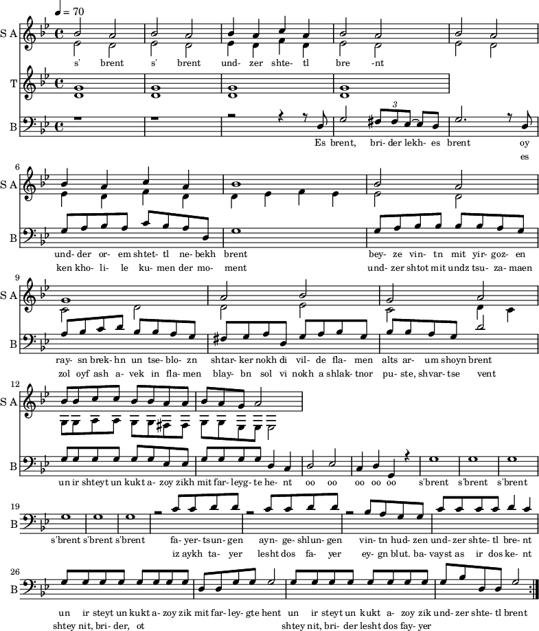 <<
\new Staff
\with {instrumentName = "S A"
shortInstrumentName = "S A"}
<<
\set Staff.midiMinimumVolume = #0.3
\set Staff.midiMaximumVolume = #0.7
\set Score.currentBarNumber = #1 \bar "" \tempo 4=70 \time 4/4 \key bes \major
\new Voice = "one" \relative c '' {
\voiceOne
bes2 a bes a bes4 a c a bes2 a bes a bes4 a c a bes1 bes2 a g1 a2 bes g a
bes8 bes c c bes bes a a bes a g a2
}
\new Voice = "two" \relative c '{
\voiceTwo
ees2 d ees d ees4 d f d ees2 d ees d ees4 d f d d ees f ees ees2 d c d d ees c d4 c
g8 g a a g g fis fis g g ees ees ees2
}
>>
\new Lyrics \lyricsto "one" {\set fontSize = #-2
s' brent s' brent und- zer shte- tl bre -nt
}
\new Staff
\with {instrumentName = "T"
shortInstrumentName = "T"}
<<
\set Staff.midiMinimumVolume = #0.3
\set Staff.midiMaximumVolume = #0.5
\set Score.currentBarNumber = #1 \bar "" \tempo 4=70 \time 4/4 \key bes \major
\new Voice = "three" \fixed c ' {
\voiceOne
g1 g g g
}
\new Voice = "four" \fixed c ' {
\voiceTwo
d1 d d d
}
>>
\new Lyrics \lyricsto "three" {\set fontSize = #-2
}
\repeat volta 2
\new Staff \with {midiInstrument = #"acoustic bass"
instrumentName = "B"
shortInstrumentName = "B"} <<
\set Staff.midiMinimumVolume = #14.7
\set Staff.midiMaximumVolume = #15.9
\set Score.currentBarNumber = #1 \bar "" \tempo 4=70 \time 4/4 \key bes \major
\clef bass
\new Voice = "five"{
\voiceOne
r1 r r2 r4 r8 d g2 \tuplet 3/2 {fis8 fis ees~} ees d g2. r8 d g a bes a c' bes a d g1 g8 a bes bes bes bes a g a bes c' d' bes bes a g fis g a d g a bes g bes bes a g d'2 g8 g g g g g ees ees g g g g d4 c d2 ees c4 d g, r4 g1 g g g g g r2 c'8 c' d' d' r2 c'8 c' d' d' r2 bes8 a g g c' c' c' c' d'4 c' g8 g g g g g g g d d g g g2 g8 g g g g g g g g bes d d g2
}
>>
\new Lyrics \lyricsto "five" {\set fontSize = #-2
Es brent, bri- der lekh- es brent oy und- der or- em shtet- tl ne- bekh brent bey- ze vin- tn mit yir- goz- en ray- sn brek- hn un tse- blo- zn shtar- ker nokh di vil- de fla- men alts ar- um shoyn brent un ir shteyt un kukt a- zoy zikh mit far- leyg- te he- nt oo oo oo oo oo s'brent s'brent s'brent s'brent s'brent s'brent fa- yer- tsun- gen ayn- ge- shlun- gen vin- tn hud- zen und- zer shte- tl bre- nt un ir steyt un kukt a- zoy zik mit far- ley- gte hent un ir steyt un kukt a- zoy zik und- zer shte- tl brent
}
\new Lyrics \lyricsto "five" {\set fontSize = #-2
_ _ _ _ _ _ _ es ken kho- li- le ku- men der mo- ment und- zer shtot mit undz tsu- za- maen zol oyf ash a- vek in fla- men blay- bn sol vi nokh a shlak- tnor pu- ste, shvar- tse vent _ _ _ _ _ _ _ _ _ _ _ _ _ _ _ _ _ _ _ _ _ _ _ _ _ iz aykh ta- yer lesht dos fa- yer ey- gn blut. ba- vayst as ir dos ke- nt shtey nit, bri- der, ot _ _ _ _ _ _ _ _ shtey nit, bri- der lesht dos fay- yer
}
>>
\midi{}