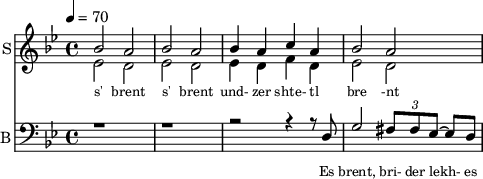 
<< 
  
  \new Staff     
    \with {instrumentName = "S"
           shortInstrumentName = "S"}
    <<
    \set Staff.midiMinimumVolume = #0.3
    \set Staff.midiMaximumVolume = #0.7
    \set Score.currentBarNumber = #1 \bar "" \tempo 4=70 \time 4/4 \key bes \major

    \new Voice = "s1" \relative c '' {  
      \voiceOne
        bes2 a bes a bes4 a c a bes2 a
    }
    \new Voice = "s2" \relative c '{  
      \voiceTwo
         ees2 d ees d ees4 d f d ees2 d  
    }
    >>
 
    \new Lyrics \lyricsto "s1" {\set fontSize = #-2
      s' brent s' brent und- zer shte- tl bre -nt de
    }


  \new Staff \with {midiInstrument = #"acoustic bass"
       instrumentName = "B"
       shortInstrumentName = "B"} <<
    \set Staff.midiMinimumVolume = #14.7
    \set Staff.midiMaximumVolume = #15.9
    \set Score.currentBarNumber = #1 \bar "" \tempo 4=70 \time 4/4 \key bes \major
    \clef bass 
    \new Voice = "b1" \relative {
      \voiceOne 
      r1 r r2 r4 r8 d g2 \tuplet 3/2 {fis8 fis ees~} ees d 
    }
    %{
    \new Voice = "b2" \relative c, {
      \voiceOne 
      r1 r r2 r4 r8 d g2 a bes c d 
    }
    %}
    >>
    \new Lyrics \lyricsto "b1" {\set fontSize = #-2
    Es brent, bri- der lekh- es brent oy und- der or- em shtet- tl ne- bekh brent 
    }
    \new Lyrics \lyricsto "b1" {\set fontSize = #-2
            _ _ _ _ _ _ _                 es ken kho- li- le ku- men der mo- ment und- zer shtot mit undz tsu- za- maen zol 
}
>>
\midi{}