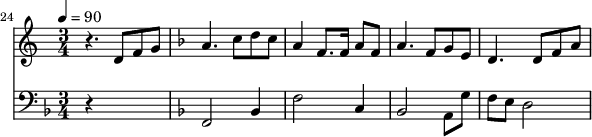 {
<<
\relative c ' {
\new Staff {
\set Staff.midiMinimumVolume = #0.3
\set Staff.midiMaximumVolume = #0.7
\set Score.currentBarNumber = #24 \bar "" \tempo 4=90 \key c \major \time 3/4
r4. d8 f8 g8 \key f \major a4. c8 d c a4 f8. f16 a8 f8 a4. f8 g e d4. d8 f a
}
}
\new Staff \with {midiInstrument = #"acoustic bass"}
{
\set Staff.midiMinimumVolume = #4.7
\set Staff.midiMaximumVolume = #5.9
\set Score.currentBarNumber = #24 \bar ""
\clef bass \key f \major \time 3/4
r4*3 \key f \major f,2 bes,4 f2 c4 bes,2 a,8 g f e d2
}
>>
}
\midi{}