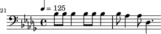 {\clef bass \tempo 4=125 \key des \major
\set Score.currentBarNumber = #21 \bar ""
bes8 bes bes4 bes8 bes bes4 bes8 aes4 aes8 des4. }\midi{}
