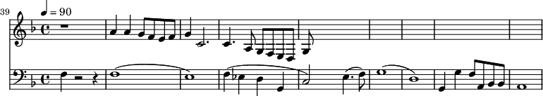 {
<<
\relative c '' {
\new Staff {
\set Staff.midiMinimumVolume = #0.1
\set Staff.midiMaximumVolume = #0.3
\set Score.currentBarNumber = #39 \bar "" \tempo 4=90 \key f \major
r1 a4 a g8 f e f g4 c,2. c4. a8 g f e d g
}
}
\new Staff \with {midiInstrument = #"acoustic bass"}
{
\set Staff.midiMinimumVolume = #0.7
\set Staff.midiMaximumVolume = #0.9
\clef bass \key f \major
f4 r2 r4 f1( e1) f4( ees d g, c2) e4.( f8) g1( d1) g,4 g f8 a, bes, bes, a,1
}
>>
}
\midi{}