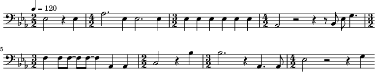 { \new Staff \with {midiInstrument = #"choir aahs"}{\clef bass \tempo 4 = 120 \key ees \major \numericTimeSignature
\time 2/2 ees2 r4 ees\time 4/2 aes2. ees4 ees2. ees4 \time 3/2 ees4 ees ees ees ees ees \time 4/2 aes,2 r2 r4 r8 bes,8 ees8 g4.
\time 3/2 f4 f8 f~ f f~ f4 aes, aes, \time 2/2 c2 r4 bes \time 3/2 bes2. r4 aes,4. aes,8 \time 4/2 ees2 r2 r4 g}
}\midi{}