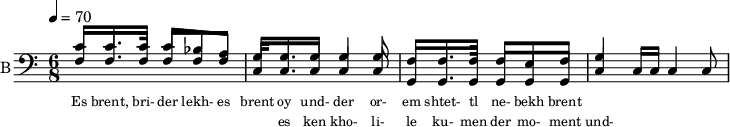 <<
%{
\new Staff
\with {instrumentName = "S A"
shortInstrumentName = "S A"}
<<
\set Staff.midiMinimumVolume = #0.3
\set Staff.midiMaximumVolume = #0.7
\set Score.currentBarNumber = #1 \bar "" \tempo 4=70 \time 4/4 \key bes \major
\new Voice = "s1" \relative c '' {
\voiceOne
bes2 a bes a bes4 a c a bes2 a
}
\new Voice = "s2" \relative c '{
\voiceTwo
ees2 d ees d ees4 d f d ees2 d
}
>>
\new Lyrics \lyricsto "s1" {\set fontSize = #-2
s' brent s' brent und- zer shte- tl bre -nt de
}
%}
%{
\new Staff
\with {instrumentName = "A"
shortInstrumentName = "A"}
<<
\set Staff.midiMinimumVolume = #0.3
\set Staff.midiMaximumVolume = #0.5
\set Score.currentBarNumber = #1 \bar "" \tempo 4=70 \time 4/4 \key bes \major
\new Voice = "a1" \fixed c ' {
\voiceOne
g1 g g g
}
\new Voice = "a2" \fixed c ' {
\voiceTwo
d1 d d d
}
>>
\new Lyrics \lyricsto "a1" {\set fontSize = #-2
}
\repeat volta 2
%}
%{
\new Staff
\with {instrumentName = "T"
shortInstrumentName = "T"}
<<
\set Staff.midiMinimumVolume = #0.3
\set Staff.midiMaximumVolume = #0.5
\set Score.currentBarNumber = #1 \bar "" \tempo 4=70 \time 4/4 \key bes \major
\new Voice = "t1" \fixed c ' {
\voiceOne
g1 g g g
}
\new Voice = "t2" \fixed c ' {
\voiceTwo
d1 d d d
}
>>
\new Lyrics \lyricsto "t1" {\set fontSize = #-2
}
\repeat volta 2
%}
\new Staff \with {midiInstrument = #"acoustic bass"
instrumentName = "B"
shortInstrumentName = "B"} <<
\set Staff.midiMinimumVolume = #14.7
\set Staff.midiMaximumVolume = #15.9
\set Score.currentBarNumber = #1 \bar "" \tempo 4=70 \time 6/8 \key c \major
\clef bass
\new Voice = "b1" \relative c' {
\voiceOne
c8 c8. c16 c8 bes a g16 g8. g8 g4 g8 f8 f8. f16 f8 e f g4
}
{
\new Voice = "b2" \relative c {
\voiceOne
f8 f8. f16 f8 f f c16 c8. c8 c4 c8 g8 g8. g16 g8 g g c4 c16 c c4 c8
}
}
>>
\new Lyrics \lyricsto "b1" {\set fontSize = #-2
Es brent, bri- der lekh- es brent oy und- der or- em shtet- tl ne- bekh brent
}
\new Lyrics \lyricsto "b1" {\set fontSize = #-2
_ _ _ _ _ _ _ es ken kho- li- le ku- men der mo- ment und- zer shtot mit undz tsu- za- maen zol
}
>>
\midi{}