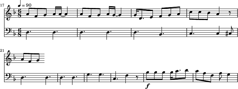 
{
  <<
    \relative c '' {
      \new Staff {
        \set Staff.midiMinimumVolume = #0.1
        \set Staff.midiMaximumVolume = #0.3
        \set Score.currentBarNumber = #17 \bar "" \tempo 4=90  \key f \major \time 6/8
        a8 f g a16 a~ a4 a8 f g a16 g~ g4 g16 d8. e8 f g a c c bes a4 r8 a f g
      }
    }
    \new Staff  \with {midiInstrument = #"acoustic bass"} 
    {
      \set Staff.midiMinimumVolume = #0.7
      \set Staff.midiMaximumVolume = #0.9
      \clef bass \key f \major \time 6/8
      d4. d d d d bes, c c4 cis8 d4. d d d g g c f4 r8 bes8\f bes bes bes16 c'8. d'8 c' a f a g4
    }
  >>
}
\midi{}