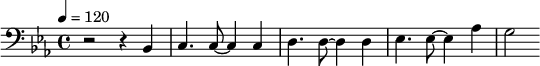 {\clef bass \tempo 4=120 \key ees \major r2 r4 bes, c4. c8 ~ c4 c d4. d8 ~d4 d ees4. ees8 ~ ees4 aes g2}\midi{}