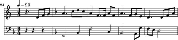 {
<<
\relative c ' {
\new Staff {
\set Staff.midiMinimumVolume = #0.1
\set Staff.midiMaximumVolume = #0.3
\set Score.currentBarNumber = #24 \bar "" \tempo 4=90 \key c \major \time 3/4
r4. d8 f8 g8 \key f \major a4. c8 d c a4 f8. f16 a8 f8 a4. f8 g e d4. d8 f a
}
}
\new Staff \with {midiInstrument = #"acoustic bass"}
{
\set Staff.midiMinimumVolume = #4.7
\set Staff.midiMaximumVolume = #5.9
\set Score.currentBarNumber = #24 \bar ""
\clef bass \key f \major \time 3/4
r4 r4 r4 \key f \major f,2 bes,4 f2 c4 bes,2 a,8 g f e d2
}
>>
}
\midi{}