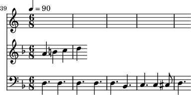 
{\set Score.currentBarNumber = #39 \bar "" \tempo 4=90 
  <<
    \relative c '' {
      \new Staff {
        \key f \major \time 6/8
        a b c d 
      }
    }
    \new Staff {
      \clef bass \key f \major \time 6/8
      d4. d d d d bes, c c4 cis8 d4.
    }
  >>
}
\midi{}