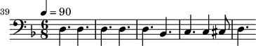{\clef bass \tempo 4=90\key f \major \time 6/8
\set Score.currentBarNumber = #39 \bar ""
d4. d d d d bes, c c4 cis8 d4.
}
\midi{}