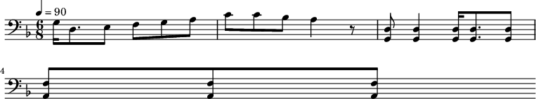 {\clef bass \tempo 4=90\key f \major \time 6/8 
g16 d8. e8 f g a c' c' bes a4 r8 <d g,> <d g,>4 <d g,>16 <d g,>8. <d g,>8 \break
<f a,>8 <f a,>8 <f a,>8
}\midi{}