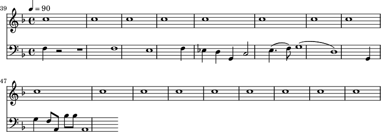 
{
  <<
    \relative c '' {
      \new Staff {
        \set Staff.midiMinimumVolume = #0.1
        \set Staff.midiMaximumVolume = #0.3
        \set Score.currentBarNumber = #39 \bar "" \tempo 4=90  \key f \major
        c1 c c c c c c c c c c c c c c c c
      }
    }
    \new Staff  \with {midiInstrument = #"acoustic bass"} 
    {
      \set Staff.midiMinimumVolume = #0.7
      \set Staff.midiMaximumVolume = #0.9
      \clef bass \key f \major 
      f4 r2 r1 f1 e1 f4 ees d g, c2 e4.( f8) g1( d1) g,4 g f8 a, bes bes a,1
    }
  >>
}
\midi{}