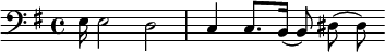 {\clef bass \key g \major e16 e2 d c4 c8.[ b,16]( b,8) dis8( dis)}