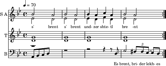 
<< 
  
  \new Staff     
    \with {instrumentName = "S A"
           shortInstrumentName = "S A"}
    <<
    \set Staff.midiMinimumVolume = #0.3
    \set Staff.midiMaximumVolume = #0.7
    \set Score.currentBarNumber = #1 \bar "" \tempo 4=70 \time 4/4 \key bes \major

    \new Voice = "s1" \relative c '' {  
      \voiceOne
        bes2 a bes a bes4 a c a bes2 a
    }
    \new Voice = "s2" \relative c '{  
      \voiceTwo
         ees2 d ees d ees4 d f d ees2 d  
    }
    >>
 
    \new Lyrics \lyricsto "s1" {\set fontSize = #-2
      s' brent s' brent und- zer shte- tl bre -nt de
    }

  %{
  \new Staff  
  \with {instrumentName = "A"
          shortInstrumentName = "A"}
  <<
  \set Staff.midiMinimumVolume = #0.3
  \set Staff.midiMaximumVolume = #0.5      
  \set Score.currentBarNumber = #1 \bar "" \tempo 4=70 \time 4/4 \key bes \major
  \new Voice = "a1" \fixed c ' {
    \voiceOne
      g1 g  g g 
  }
  \new Voice = "a2" \fixed c ' {
    \voiceTwo
      d1 d d d
  }    
  >>
  \new Lyrics \lyricsto "a1" {\set fontSize = #-2
  
  }
  \repeat volta 2
  %}

  \new Staff  
    \with {instrumentName = "T"
           shortInstrumentName = "T"}
    <<
    \set Staff.midiMinimumVolume = #0.3
    \set Staff.midiMaximumVolume = #0.5      
    \set Score.currentBarNumber = #1 \bar "" \tempo 4=70 \time 4/4 \key bes \major
    \new Voice = "t1" \fixed c ' {
      \voiceOne
       g1 g  g g 
    }
    \new Voice = "t2" \fixed c ' {
      \voiceTwo
       d1 d d d
    }    
    >>
    \new Lyrics \lyricsto "t1" {\set fontSize = #-2
    
    }
  \repeat volta 2

  \new Staff \with {midiInstrument = #"acoustic bass"
       instrumentName = "B"
       shortInstrumentName = "B"} <<
    \set Staff.midiMinimumVolume = #14.7
    \set Staff.midiMaximumVolume = #15.9
    \set Score.currentBarNumber = #1 \bar "" \tempo 4=70 \time 4/4 \key bes \major
    \clef bass 
    \new Voice = "b1" \relative {
      \voiceOne 
      r1 r r2 r4 r8 d g2 \tuplet 3/2 {fis8 fis ees~} ees d 
    }
    \new Voice = "b2" \relative c {
      \voiceOne 
      a bes c d 
    }
    >>
    \new Lyrics \lyricsto "b1" {\set fontSize = #-2
    Es brent, bri- der lekh- es brent oy und- der or- em shtet- tl ne- bekh brent 
    }
    \new Lyrics \lyricsto "b1" {\set fontSize = #-2
            _ _ _ _ _ _ _                 es ken kho- li- le ku- men der mo- ment und- zer shtot mit undz tsu- za- maen zol 
}
>>
\midi{}