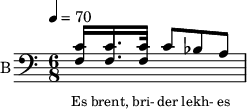 
<< 
  %{
  \new Staff     
    \with {instrumentName = "S A"
           shortInstrumentName = "S A"}
    <<
    \set Staff.midiMinimumVolume = #0.3
    \set Staff.midiMaximumVolume = #0.7
    \set Score.currentBarNumber = #1 \bar "" \tempo 4=70 \time 4/4 \key bes \major

    \new Voice = "s1" \relative c '' {  
      \voiceOne
        bes2 a bes a bes4 a c a bes2 a
    }
    \new Voice = "s2" \relative c '{  
      \voiceTwo
         ees2 d ees d ees4 d f d ees2 d  
    }
    >>
 
    \new Lyrics \lyricsto "s1" {\set fontSize = #-2
      s' brent s' brent und- zer shte- tl bre -nt de
    }
  %}
  %{
  \new Staff  
  \with {instrumentName = "A"
          shortInstrumentName = "A"}
  <<
  \set Staff.midiMinimumVolume = #0.3
  \set Staff.midiMaximumVolume = #0.5      
  \set Score.currentBarNumber = #1 \bar "" \tempo 4=70 \time 4/4 \key bes \major
  \new Voice = "a1" \fixed c ' {
    \voiceOne
      g1 g  g g 
  }
  \new Voice = "a2" \fixed c ' {
    \voiceTwo
      d1 d d d
  }    
  >>
  \new Lyrics \lyricsto "a1" {\set fontSize = #-2
  
  }
  \repeat volta 2
  %}
  %{
  \new Staff  
    \with {instrumentName = "T"
           shortInstrumentName = "T"}
    <<
    \set Staff.midiMinimumVolume = #0.3
    \set Staff.midiMaximumVolume = #0.5      
    \set Score.currentBarNumber = #1 \bar "" \tempo 4=70 \time 4/4 \key bes \major
    \new Voice = "t1" \fixed c ' {
      \voiceOne
       g1 g  g g 
    }
    \new Voice = "t2" \fixed c ' {
      \voiceTwo
       d1 d d d
    }    
    >>
    \new Lyrics \lyricsto "t1" {\set fontSize = #-2
    
    }
  \repeat volta 2
  %}
  \new Staff \with {midiInstrument = #"acoustic bass"
       instrumentName = "B"
       shortInstrumentName = "B"} <<
    \set Staff.midiMinimumVolume = #14.7
    \set Staff.midiMaximumVolume = #15.9
    \set Score.currentBarNumber = #1 \bar "" \tempo 4=70 \time 6/8 \key c \major
    \clef bass 
    \new Voice = "b1" \relative c' {
      \voiceOne 
      c8 c8. c16 c8 bes a
    }
    {
    \new Voice = "b2" \relative c {
      \voiceOne 
      f8 f8. f16 
    }
    }
    >>
    \new Lyrics \lyricsto "b1" {\set fontSize = #-2
    Es brent, bri- der lekh- es brent oy und- der or- em shtet- tl ne- bekh brent 
    }
    \new Lyrics \lyricsto "b1" {\set fontSize = #-2
            _ _ _ _ _ _ _                 es ken kho- li- le ku- men der mo- ment und- zer shtot mit undz tsu- za- maen zol 
}
>>
\midi{}