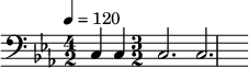 {\clef bass \tempo 4 = 120 \key ees \major
\time 4/2 c4 c4
\time 3/2 c2. c2.
}\midi{}