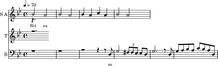 
<<
  \new Staff     
    \with {instrumentName = "S A"
           shortInstrumentName = "S A"}
    <<
    \set Staff.midiMinimumVolume = #0.3
    \set Staff.midiMaximumVolume = #0.7
    \set Score.currentBarNumber = #1 \bar "" \tempo 4=70 \time 4/4 \key bes \major

    \new Voice = "one" \relative c '' {  
      \voiceOne
        bes2 a bes a bes4 a c a bes2 a
    }
    \new Voice = "two" \relative c ''{  
      \voiceTwo
        r4.  
    }
    >>
    \new Lyrics \lyricsto "one" {\set fontSize = #-2
      Nit zu
    }
  \new Staff  
    \with {instrumentName = "T"
           shortInstrumentName = "T"}
    <<
    \set Staff.midiMinimumVolume = #0.3
    \set Staff.midiMaximumVolume = #0.5      
    \set Score.currentBarNumber = #1 \bar "" \tempo 4=70 \time 4/4 \key bes \major
    \new Voice = "three" \fixed c '' {
      \voiceOne
      r2. 
    }
    >>
    \new Lyrics \lyricsto "three" {\set fontSize = #-2
    
    }

  \new Staff \with {midiInstrument = #"acoustic bass"
       instrumentName = "B"
       shortInstrumentName = "B"} <<
    \set Staff.midiMinimumVolume = #4.7
    \set Staff.midiMaximumVolume = #5.9
    \set Score.currentBarNumber = #1 \bar "" \tempo 4=70 \time 4/4 \key bes \major
    \clef bass 
    \new Voice = "four"{
      \voiceOne 
      r1 r r2 r4 r8 d g2 \tuplet 3/2 {fis8 fis ees} ees d g2. r8 d g a bes a c' bes a d
    }
    >>
    \new Lyrics \lyricsto "four" {\set fontSize = #-2
    oo 
    }
>>
\midi{}