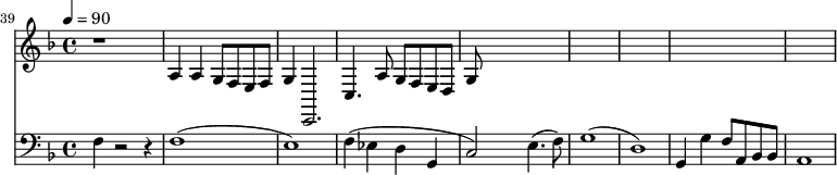 {
<<
{
\new Staff {
\set Staff.midiMinimumVolume = #0.1
\set Staff.midiMaximumVolume = #0.3
\set Score.currentBarNumber = #39 \bar "" \tempo 4=90 \key f \major
r1 a4 a g8 f e f g4 c,2. c4. a8 g f e d g
}
}
{
\new Staff \with {midiInstrument = #"acoustic bass"}
{
\set Staff.midiMinimumVolume = #0.7
\set Staff.midiMaximumVolume = #0.9
\clef bass \key f \major
f4 r2 r4 f1( e1) f4( ees d g, c2) e4.( f8) g1( d1) g,4 g f8 a, bes, bes, a,1
}
}
>>
}
\midi{}