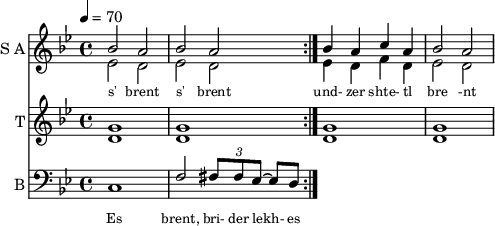 
<< 
  
  \new Staff     
    \with {instrumentName = "S A"
           shortInstrumentName = "S A"}
    <<
    \set Staff.midiMinimumVolume = #0.3
    \set Staff.midiMaximumVolume = #0.7
    \set Score.currentBarNumber = #1 \bar "" \tempo 4=70 \time 4/4 \key bes \major

    \new Voice = "s1" \relative c '' {  
      \voiceOne
        bes2 a bes a bes4 a c a bes2 a
    }
    \new Voice = "s2" \relative c '{  
      \voiceTwo
         ees2 d ees d ees4 d f d ees2 d  
    }
    >>
 
    \new Lyrics \lyricsto "s1" {\set fontSize = #-2
      s' brent s' brent und- zer shte- tl bre -nt de
    }

  %{
  \new Staff  
  \with {instrumentName = "A"
          shortInstrumentName = "A"}
  <<
  \set Staff.midiMinimumVolume = #0.3
  \set Staff.midiMaximumVolume = #0.5      
  \set Score.currentBarNumber = #1 \bar "" \tempo 4=70 \time 4/4 \key bes \major
  \new Voice = "a1" \fixed c ' {
    \voiceOne
      g1 g  g g 
  }
  \new Voice = "a2" \fixed c ' {
    \voiceTwo
      d1 d d d
  }    
  >>
  \new Lyrics \lyricsto "a1" {\set fontSize = #-2
  
  }
  \repeat volta 2
  %}

  \new Staff  
    \with {instrumentName = "T"
           shortInstrumentName = "T"}
    <<
    \set Staff.midiMinimumVolume = #0.3
    \set Staff.midiMaximumVolume = #0.5      
    \set Score.currentBarNumber = #1 \bar "" \tempo 4=70 \time 4/4 \key bes \major
    \new Voice = "t1" \fixed c ' {
      \voiceOne
       g1 g  g g 
    }
    \new Voice = "t2" \fixed c ' {
      \voiceTwo
       d1 d d d
    }    
    >>
    \new Lyrics \lyricsto "t1" {\set fontSize = #-2
    
    }
  \repeat volta 2

  \new Staff \with {midiInstrument = #"acoustic bass"
       instrumentName = "B"
       shortInstrumentName = "B"} <<
    \set Staff.midiMinimumVolume = #14.7
    \set Staff.midiMaximumVolume = #15.9
    \set Score.currentBarNumber = #1 \bar "" \tempo 4=70 \time 4/4 \key bes \major
    \clef bass 
    \new Voice = "b1" \relative {
      \voiceOne 
      c f2 \tuplet 3/2 {fis8 fis ees~} ees d 
    }
    %{
    \new Voice = "b2" \relative c, {
      \voiceOne 
      d g2 a bes c d 
    }
    %}
    >>
    \new Lyrics \lyricsto "b1" {\set fontSize = #-2
    Es brent, bri- der lekh- es brent oy und- der or- em shtet- tl ne- bekh brent 
    }
    \new Lyrics \lyricsto "b1" {\set fontSize = #-2
            _ _ _ _ _ _ _                 es ken kho- li- le ku- men der mo- ment und- zer shtot mit undz tsu- za- maen zol 
}
>>
\midi{}