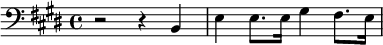 {\clef bass \key e \major r2 r4 b, e e8. e16 gis4 fis8. e16}