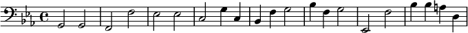 {\clef bass \key ees \major g,2 g, f, f ees ees c g4 c bes, f g2 bes4 f g2 ees, f bes4 bes a d}