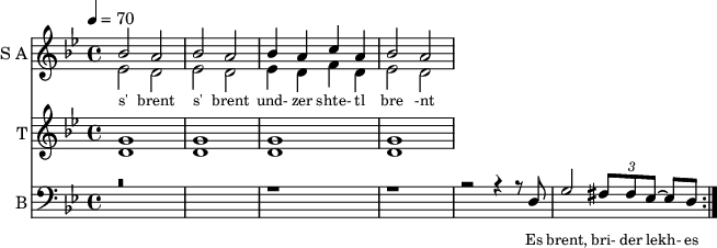 
<< 
  
  \new Staff     
    \with {instrumentName = "S A"
           shortInstrumentName = "S A"}
    <<
    \set Staff.midiMinimumVolume = #0.3
    \set Staff.midiMaximumVolume = #0.7
    \set Score.currentBarNumber = #1 \bar "" \tempo 4=70 \time 4/4 \key bes \major

    \new Voice = "s1" \relative c '' {  
      \voiceOne
        bes2 a bes a bes4 a c a bes2 a
    }
    \new Voice = "s2" \relative c '{  
      \voiceTwo
         ees2 d ees d ees4 d f d ees2 d  
    }
    >>
 
    \new Lyrics \lyricsto "s1" {\set fontSize = #-2
      s' brent s' brent und- zer shte- tl bre -nt de
    }

  %{
  \new Staff  
  \with {instrumentName = "A"
          shortInstrumentName = "A"}
  <<
  \set Staff.midiMinimumVolume = #0.3
  \set Staff.midiMaximumVolume = #0.5      
  \set Score.currentBarNumber = #1 \bar "" \tempo 4=70 \time 4/4 \key bes \major
  \new Voice = "a1" \fixed c ' {
    \voiceOne
      g1 g  g g 
  }
  \new Voice = "a2" \fixed c ' {
    \voiceTwo
      d1 d d d
  }    
  >>
  \new Lyrics \lyricsto "a1" {\set fontSize = #-2
  
  }
  \repeat volta 2
  %}

  \new Staff  
    \with {instrumentName = "T"
           shortInstrumentName = "T"}
    <<
    \set Staff.midiMinimumVolume = #0.3
    \set Staff.midiMaximumVolume = #0.5      
    \set Score.currentBarNumber = #1 \bar "" \tempo 4=70 \time 4/4 \key bes \major
    \new Voice = "t1" \fixed c ' {
      \voiceOne
       g1 g  g g 
    }
    \new Voice = "t2" \fixed c ' {
      \voiceTwo
       d1 d d d
    }    
    >>
    \new Lyrics \lyricsto "t1" {\set fontSize = #-2
    
    }
  \repeat volta 2

  \new Staff \with {midiInstrument = #"acoustic bass"
       instrumentName = "B"
       shortInstrumentName = "B"} <<
    \set Staff.midiMinimumVolume = #14.7
    \set Staff.midiMaximumVolume = #15.9
    \set Score.currentBarNumber = #1 \bar "" \tempo 4=70 \time 4/4 \key bes \major
    \clef bass 
    \new Voice = "b1" \relative c {
      \voiceOne 
      r\breve r1 r r2 r4 r8 d g2 \tuplet 3/2 {fis8 fis ees~} ees d 
    }
    >>
    \new Lyrics \lyricsto "b1" {\set fontSize = #-2
    Es brent, bri- der lekh- es brent oy und- der or- em shtet- tl ne- bekh brent 
    }
    \new Lyrics \lyricsto "b1" {\set fontSize = #-2
            _ _ _ _ _ _ _                 es ken kho- li- le ku- men der mo- ment und- zer shtot mit undz tsu- za- maen zol 
}
>>
\midi{}