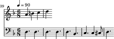 
{
  <<
    \relative c '' {
      \new Staff {
        \set Score.currentBarNumber = #39 \bar "" \tempo 4=90  \key f \major \time 6/8
        a b c d 
      }
    }
    \new Staff {
      \clef bass \key f \major \time 6/8
      d4. d d d d bes, c c4 cis8 d4.
    }
  >>
}
\midi{}