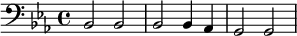 {\clef bass \key ees \major bes,2 bes, bes, bes,4 aes, g,2 g, }
