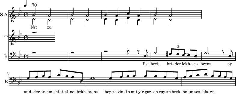 
<<
  \new Staff     
    \with {instrumentName = "S A"
           shortInstrumentName = "S A"}
    <<
    \set Staff.midiMinimumVolume = #0.3
    \set Staff.midiMaximumVolume = #0.7
    \set Score.currentBarNumber = #1 \bar "" \tempo 4=70 \time 4/4 \key bes \major

    \new Voice = "one" \relative c '' {  
      \voiceOne
        bes2 a bes a bes4 a c a bes2 a
    }
    \new Voice = "two" \relative c '{  
      \voiceTwo
        ees2 d ees d ees4 d f d ees2 d  
    }
    >>
    \new Lyrics \lyricsto "one" {\set fontSize = #-2
      Nit zu
    }
  \new Staff  
    \with {instrumentName = "T"
           shortInstrumentName = "T"}
    <<
    \set Staff.midiMinimumVolume = #0.3
    \set Staff.midiMaximumVolume = #0.5      
    \set Score.currentBarNumber = #1 \bar "" \tempo 4=70 \time 4/4 \key bes \major
    \new Voice = "three" \fixed c '' {
      \voiceOne
      r2. 
    }
    >>
    \new Lyrics \lyricsto "three" {\set fontSize = #-2
    
    }

  \new Staff \with {midiInstrument = #"acoustic bass"
       instrumentName = "B"
       shortInstrumentName = "B"} <<
    \set Staff.midiMinimumVolume = #4.7
    \set Staff.midiMaximumVolume = #5.9
    \set Score.currentBarNumber = #1 \bar "" \tempo 4=70 \time 4/4 \key bes \major
    \clef bass 
    \new Voice = "four"{
      \voiceOne 
      r1 r r2 r4 r8 d g2 \tuplet 3/2 {fis8 fis ees~} ees d g2. r8 d g a bes a c' bes a d g1 g8 a bes bes bes bes a g a bes c' d' bes bes a g  
    }
    >>
    \new Lyrics \lyricsto "four" {\set fontSize = #-2
    Es bret, bri- der lekh- es brent oy und- der or- em shtet- tl ne- bekh brent bey-ze vin- tn mit yir-goz- en ray-sn brek- hn un tes- blo- zn
    }
>>
\midi{}