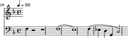 
{
  <<
    \relative c '' {
      \new Staff {
        \set Staff.midiMinimumVolume = #0.1
        \set Staff.midiMaximumVolume = #0.3
        \set Score.currentBarNumber = #39 \bar "" \tempo 4=90  \key f \major
        
      }
    }
    \new Staff  \with {midiInstrument = #"acoustic bass"} 
    {
      \set Staff.midiMinimumVolume = #0.7
      \set Staff.midiMaximumVolume = #0.9
      \clef bass \key f \major 
      f4 r2 r1 f1() e1) f4( ees d g, c2 ) 
    }
  >>
}
\midi{}