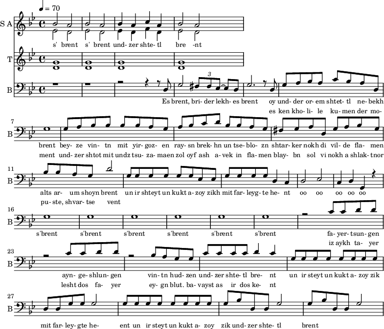 
<<
  \new Staff     
    \with {instrumentName = "S A"
           shortInstrumentName = "S A"}
    <<
    \set Staff.midiMinimumVolume = #0.3
    \set Staff.midiMaximumVolume = #0.7
    \set Score.currentBarNumber = #1 \bar "" \tempo 4=70 \time 4/4 \key bes \major

    \new Voice = "one" \relative c '' {  
      \voiceOne
        bes2 a bes a bes4 a c a bes2 a
    }
    \new Voice = "two" \relative c '{  
      \voiceTwo
        ees2 d ees d ees4 d f d ees2 d  
    }
    >>
    \new Lyrics \lyricsto "one" {\set fontSize = #-2
      s' brent s' brent und- zer shte- tl bre -nt
    }
  \new Staff  
    \with {instrumentName = "T"
           shortInstrumentName = "T"}
    <<
    \set Staff.midiMinimumVolume = #0.3
    \set Staff.midiMaximumVolume = #0.5      
    \set Score.currentBarNumber = #1 \bar "" \tempo 4=70 \time 4/4 \key bes \major
    \new Voice = "three" \fixed c ' {
      \voiceOne
       g1 g  g g 
    }
    \new Voice = "four" \fixed c ' {
      \voiceTwo
       d1 d d d
    }    
    >>
    \new Lyrics \lyricsto "three" {\set fontSize = #-2
    
    }

  \new Staff \with {midiInstrument = #"acoustic bass"
       instrumentName = "B"
       shortInstrumentName = "B"} <<
    \set Staff.midiMinimumVolume = #14.7
    \set Staff.midiMaximumVolume = #15.9
    \set Score.currentBarNumber = #1 \bar "" \tempo 4=70 \time 4/4 \key bes \major
    \clef bass 
    \new Voice = "five"{
      \voiceOne 
      r1 r r2 r4 r8 d g2 \tuplet 3/2 {fis8 fis ees~} ees d g2. r8 d g a bes a c' bes a d g1 g8 a bes bes bes bes a g a bes c' d' bes bes a g fis g a d g a bes g bes bes a g d'2 g8 g g g g g ees ees g g g g d4 c d2 ees c4 d g, r4 g1 g g g g g r2 c'8 c' d' d' r2 c'8 c' d' d' r2 bes8 a g g c' c' c' c' d'4 c' g8 g g g g g g g d d g g g2 g8 g g g g g g g g bes d d g2 g8 bes d d g2
    }
    >>
    \new Lyrics \lyricsto "five" {\set fontSize = #-2
    Es brent, bri- der lekh- es brent oy und- der or- em shtet- tl ne- bekh brent bey- ze vin- tn mit yir- goz- en ray- sn brek- hn un tse- blo- zn shtar- ker nokh di vil- de fla- men alts ar- um shoyn brent un ir shteyt un kukt a- zoy zikh mit far- leyg- te he- nt oo oo oo oo oo s'brent s'brent s'brent s'brent s'brent s'brent fa- yer- tsun- gen ayn- ge- shlun- gen vin- tn hud- zen und- zer shte- tl bre- nt un ir steyt un kukt a- zoy zik mit far- ley- gte he- ent un ir steyt un kukt a- zoy zik und- zer shte- tl brent
    }
    \new Lyrics \lyricsto "five" {\set fontSize = #-2
            _ _ _ _ _ _ _                 es ken kho- li- le ku- men der mo- ment und- zer shtot mit undz tsu- za- maen zol oyf ash a- vek in fla- men blay- bn sol vi nokh a shlak- tnor pu- ste, shvar- tse vent _ _ _ _ _ _ _ _  _ _ _ _ _ _ _ _ _ _ _ _  _ _ _ _ _ iz aykh ta- yer  lesht dos fa- yer ey- gn blut. ba- vayst as ir dos ke- nt              }

>>
\midi{}