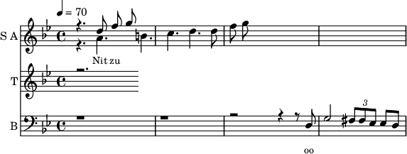 <<
\new Staff
\with {instrumentName = "S A"
shortInstrumentName = "S A"}
<<
\set Staff.midiMinimumVolume = #0.3
\set Staff.midiMaximumVolume = #0.7
\set Score.currentBarNumber = #1 \bar "" \tempo 4=70 \time 4/4 \key bes \major
\new Voice = "one" \relative c '' {
\voiceOne
r4. d8 f8 g8
}
\new Voice = "two" \relative c ''{
\voiceTwo
r4. a b c d d8 f8 g8
}
>>
\new Lyrics \lyricsto "one" {\set fontSize = #-2
Nit zu
}
\new Staff
\with {instrumentName = "T"
shortInstrumentName = "T"}
<<
\set Staff.midiMinimumVolume = #0.3
\set Staff.midiMaximumVolume = #0.5
\set Score.currentBarNumber = #1 \bar "" \tempo 4=70 \time 4/4 \key bes \major
\new Voice = "three" \fixed c '' {
\voiceOne
r2.
}
>>
\new Lyrics \lyricsto "three" {\set fontSize = #-2
}
\new Staff \with {midiInstrument = #"acoustic bass"
instrumentName = "B"
shortInstrumentName = "B"} <<
\set Staff.midiMinimumVolume = #4.7
\set Staff.midiMaximumVolume = #5.9
\set Score.currentBarNumber = #1 \bar "" \tempo 4=70 \time 4/4 \key bes \major
\clef bass
\new Voice = "four"{
\voiceOne
r1 r r2 r4 r8 d g2 \tuplet 3/2 {fis8 fis ees} ees d
}
>>
\new Lyrics \lyricsto "four" {\set fontSize = #-2
oo
}
>>
\midi{}