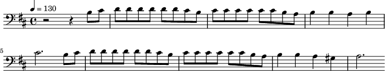{\clef bass \key d \major \tempo 4 = 130 r2 r4 b8 cis' d' d' d' d' d' d' cis' b cis' cis' cis' cis' cis' cis' b a b4 b a b cis'2. b8 cis' d' d' d' d' d' d' cis' b cis' cis' cis' cis' cis' cis' b a b4 b a gis a2.}\midi{}