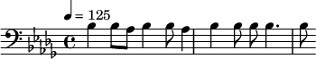 {\clef bass \tempo 4=125 \key des \major bes bes8 aes bes4 bes8 aes4 bes4 bes8 bes8 bes4. bes8 }\midi{}