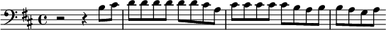 {\clef bass \key d \major r2 r4 b8 cis' d' d' d' d' d' d' cis' a cis' cis' cis' cis' cis' b a b b a g a}