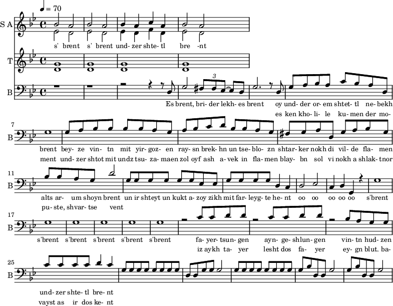 
<<
  \new Staff     
    \with {instrumentName = "S A"
           shortInstrumentName = "S A"}
    <<
    \set Staff.midiMinimumVolume = #0.3
    \set Staff.midiMaximumVolume = #0.7
    \set Score.currentBarNumber = #1 \bar "" \tempo 4=70 \time 4/4 \key bes \major

    \new Voice = "one" \relative c '' {  
      \voiceOne
        bes2 a bes a bes4 a c a bes2 a
    }
    \new Voice = "two" \relative c '{  
      \voiceTwo
        ees2 d ees d ees4 d f d ees2 d  
    }
    >>
    \new Lyrics \lyricsto "one" {\set fontSize = #-2
      s' brent s' brent und- zer shte- tl bre -nt
    }
  \new Staff  
    \with {instrumentName = "T"
           shortInstrumentName = "T"}
    <<
    \set Staff.midiMinimumVolume = #0.3
    \set Staff.midiMaximumVolume = #0.5      
    \set Score.currentBarNumber = #1 \bar "" \tempo 4=70 \time 4/4 \key bes \major
    \new Voice = "three" \fixed c ' {
      \voiceOne
       g1 g  g g 
    }
    \new Voice = "four" \fixed c ' {
      \voiceTwo
       d1 d d d
    }    
    >>
    \new Lyrics \lyricsto "three" {\set fontSize = #-2
    
    }

  \new Staff \with {midiInstrument = #"acoustic bass"
       instrumentName = "B"
       shortInstrumentName = "B"} <<
    \set Staff.midiMinimumVolume = #14.7
    \set Staff.midiMaximumVolume = #15.9
    \set Score.currentBarNumber = #1 \bar "" \tempo 4=70 \time 4/4 \key bes \major
    \clef bass 
    \new Voice = "five"{
      \voiceOne 
      r1 r r2 r4 r8 d g2 \tuplet 3/2 {fis8 fis ees~} ees d g2. r8 d g a bes a c' bes a d g1 g8 a bes bes bes bes a g a bes c' d' bes bes a g fis g a d g a bes g bes bes a g d'2 g8 g g g g g ees ees g g g g d4 c d2 ees c4 d g, r4 g1 g g g g g r2 c'8 c' d' d' r2 c'8 c' d' d' r2 bes8 a g g c' c' c' c' d'4 c' g8 g g g g g g g d d g g g2 g8 g g g g g g g g bes d d g2 g8 bes d d g2
    }
    >>
    \new Lyrics \lyricsto "five" {\set fontSize = #-2
    Es brent, bri- der lekh- es brent oy und- der or- em shtet- tl ne- bekh brent bey- ze vin- tn mit yir- goz- en ray- sn brek- hn un tse- blo- zn shtar- ker nokh di vil- de fla- men alts ar- um shoyn brent un ir shteyt un kukt a- zoy zikh mit far- leyg- te he- nt oo oo oo oo oo s'brent s'brent s'brent s'brent s'brent s'brent fa- yer- tsun- gen ayn- ge- shlun- gen vin- tn hud- zen und- zer shte- tl bre- nt
    }
    \new Lyrics \lyricsto "five" {\set fontSize = #-2
            _ _ _ _ _ _ _                 es ken kho- li- le ku- men der mo- ment und- zer shtot mit undz tsu- za- maen zol oyf ash a- vek in fla- men blay- bn sol vi nokh a shlak- tnor pu- ste, shvar- tse vent _ _ _ _ _ _ _ _  _ _ _ _ _ _ _ _ _ _ _ _  _ _ _ _ _ iz aykh ta- yer  lesht dos fa- yer ey- gn blut. ba- vayst as ir dos ke- nt              }

>>
\midi{}
