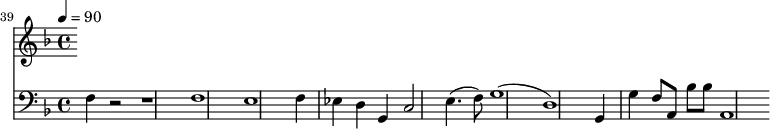 {
<<
\relative c '' {
\new Staff {
\set Staff.midiMinimumVolume = #0.1
\set Staff.midiMaximumVolume = #0.3
\set Score.currentBarNumber = #39 \bar "" \tempo 4=90 \key f \major
}
}
\new Staff \with {midiInstrument = #"acoustic bass"}
{
\set Staff.midiMinimumVolume = #0.7
\set Staff.midiMaximumVolume = #0.9
\clef bass \key f \major
f4 r2 r1 f1 e1 f4 ees d g, c2 e4.( f8) g1( d1) g,4 g f8 a, bes bes a,1
}
>>
}
\midi{}